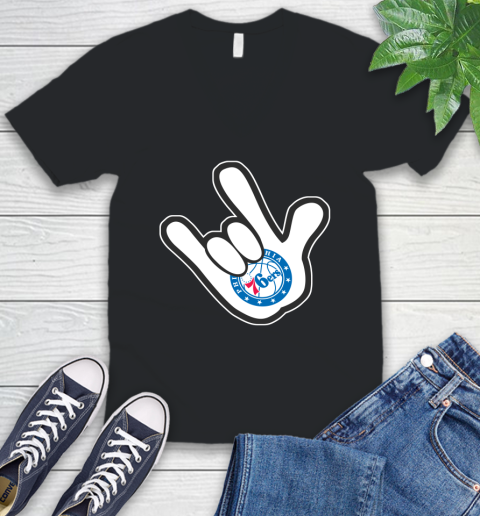 Philadelphia 76ers NBA Basketball Mickey Rock Hand Disney V-Neck T-Shirt 2