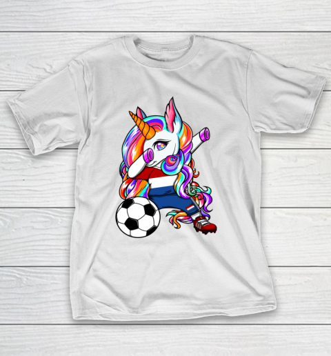 Dabbing Unicorn Netherlands Soccer Fans Jersey Flag Football T-Shirt 13