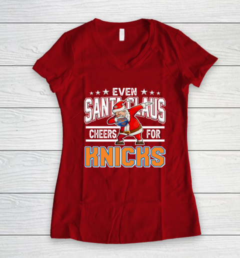 New York Knicks Even Santa Claus Cheers For Christmas NBA Women's V-Neck T-Shirt 8