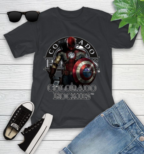 MLB Captain America Thor Spider Man Hawkeye Avengers Endgame Baseball Colorado Rockies Youth T-Shirt 2