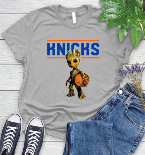 New York Knicks NBA Basketball Groot Marvel Guardians Of The Galaxy Women's T-Shirt 5