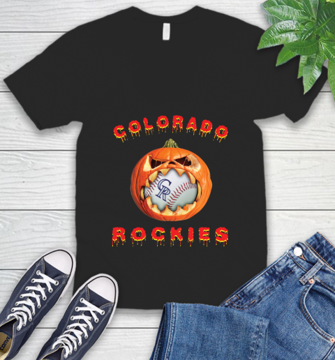 MLB Colorado Rockies Halloween Pumpkin Baseball Sports V-Neck T-Shirt 2