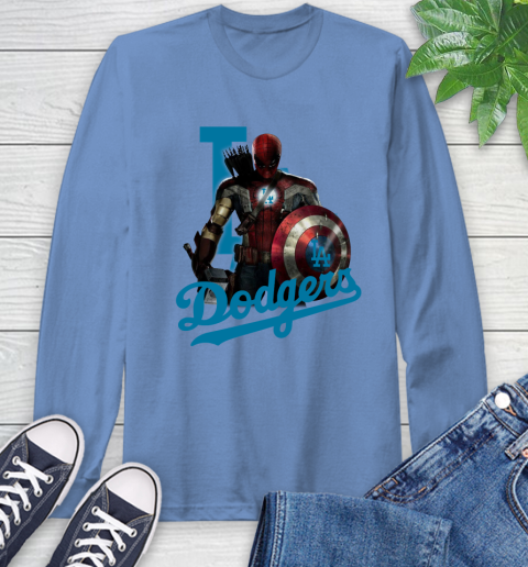 MLB Captain America Thor Spider Man Hawkeye Avengers Endgame Baseball Los Angeles Dodgers Long Sleeve T-Shirt 11