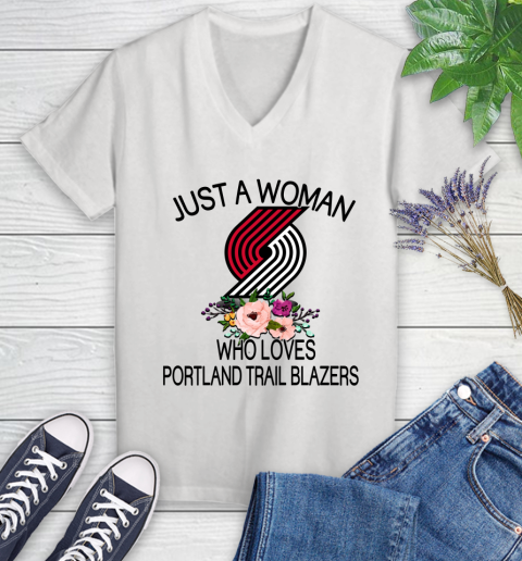 NBA Just A Woman Who Loves Portland Trail Blazers Basketball Sports Women's V-Neck T-Shirt