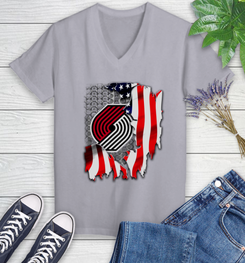 Portland Trail Blazers NBA Basketball American Flag Women's V-Neck T-Shirt 4