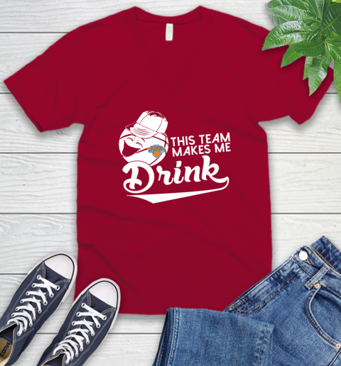 New York Knicks NBA Basketball This Team Makes Me Drink Adoring Fan V-Neck T-Shirt 7
