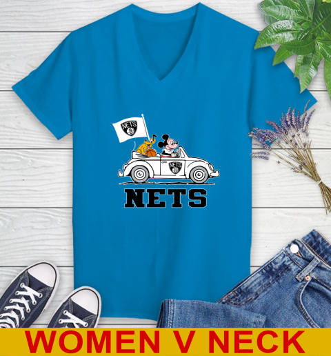NBA Basketball Brooklyn Nets Pluto Mickey Driving Disney Shirt Women's V-Neck T-Shirt 8