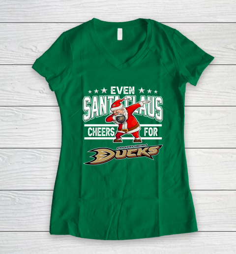 Anaheim Ducks Even Santa Claus Cheers For Christmas NHL Women's V-Neck T-Shirt 3