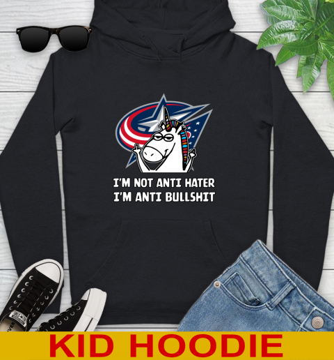 Columbus Blue Jackets NHL Hockey Unicorn I'm Not Anti Hater I'm Anti Bullshit Youth Hoodie 2