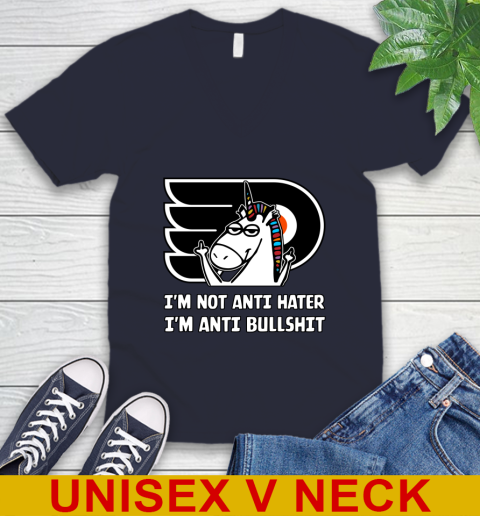 Philadelphia Flyers NHL Hockey Unicorn I'm Not Anti Hater I'm Anti Bullshit V-Neck T-Shirt 3