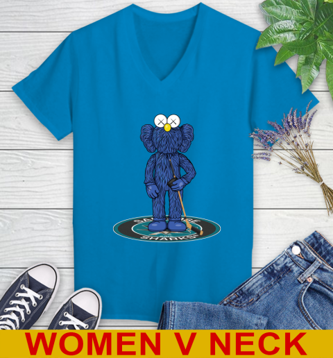 NHL Hockey San Jose Sharks Kaws Bff Blue Figure Shirt Women's V-Neck T-Shirt 8