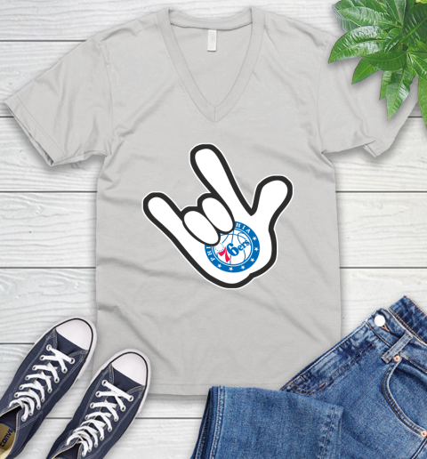 Philadelphia 76ers NBA Basketball Mickey Rock Hand Disney V-Neck T-Shirt