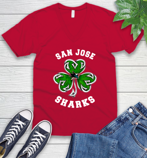 NHL San Jose Sharks Three Leaf Clover St Patrick's Day Hockey Sports V-Neck T-Shirt 6