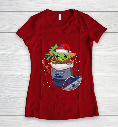 New York Giants Christmas Baby Yoda Star Wars Funny Happy NFL Women's V-Neck T-Shirt 10
