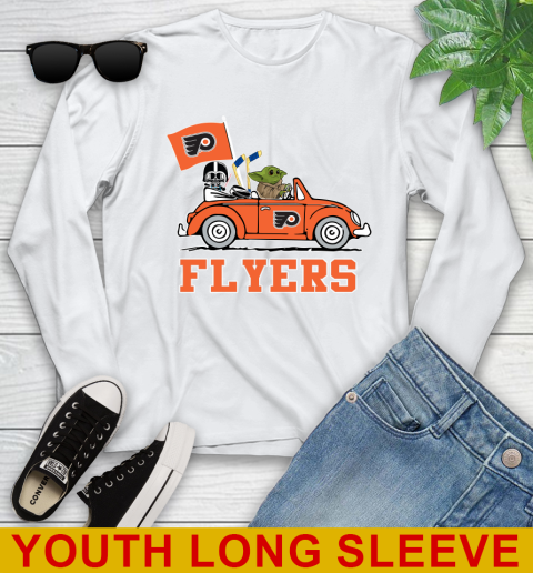 NHL Hockey Philadelphia Flyers Darth Vader Baby Yoda Driving Star Wars Shirt Youth Long Sleeve