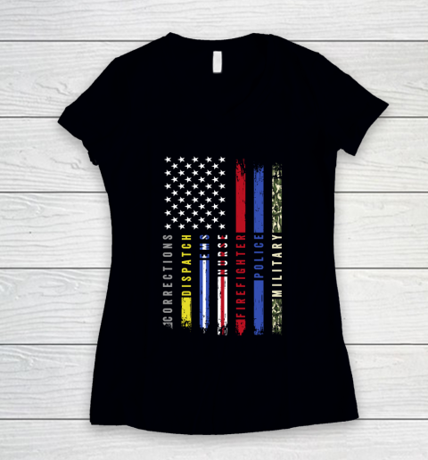 Thin Blue Line First Responders Hero Flag USA Salute Women's V-Neck T-Shirt