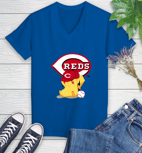 MLB Pikachu Baseball Sports Cincinnati Reds Women's V-Neck T-Shirt 10