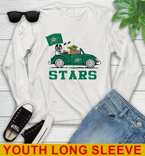 NHL Hockey Dallas Stars Darth Vader Baby Yoda Driving Star Wars Shirt Youth Long Sleeve 12