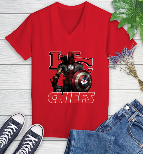 NFL Captain America Thor Spider Man Hawkeye Avengers Endgame Football Kansas City Chiefs Women's V-Neck T-Shirt 12