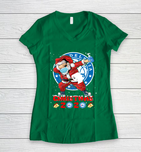 Philadelphia 76ers Funny Santa Claus Dabbing Christmas 2020 NBA Women's V-Neck T-Shirt 3