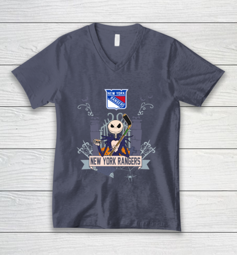NHL New York Rangers Hockey Jack Skellington Halloween V-Neck T-Shirt 7