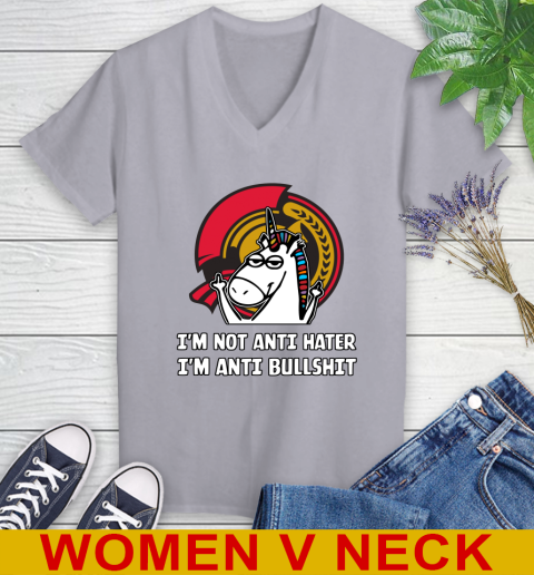 Ottawa Senators NHL Hockey Unicorn I'm Not Anti Hater I'm Anti Bullshit Women's V-Neck T-Shirt 5