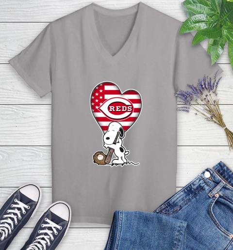 Cincinnati Reds MLB Baseball The Peanuts Movie Adorable Snoopy Women's V-Neck T-Shirt 4