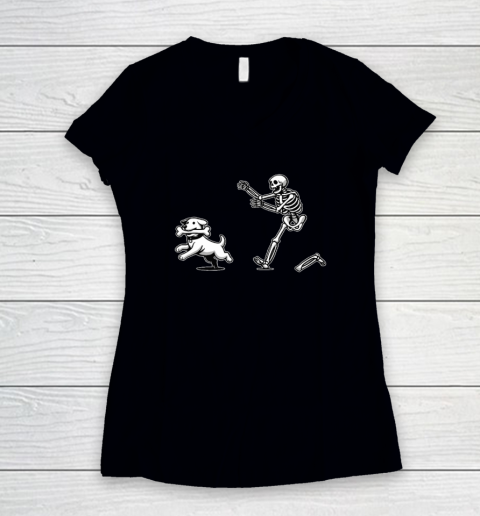 Halloween Dog, Funny Skeleton, Skeleton Chasing Dog Women's V-Neck T-Shirt