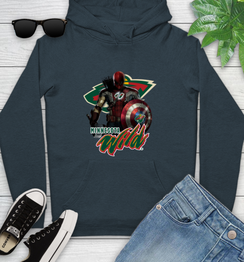 NHL Captain America Thor Spider Man Hawkeye Avengers Endgame Hockey Minnesota Wild Youth Hoodie 8