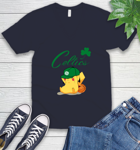 NBA Pikachu Basketball Sports Boston Celtics V-Neck T-Shirt 3