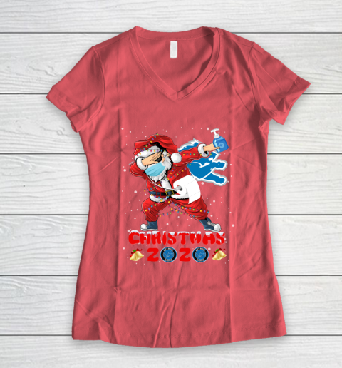 Detroit Lions Funny Santa Claus Dabbing Christmas 2020 NFL Women's V-Neck T-Shirt 4