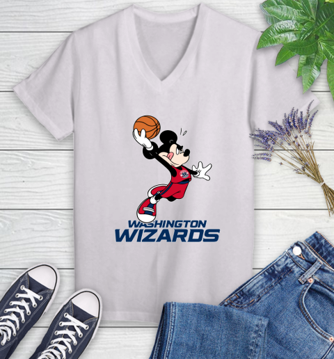 NBA Basketball Washington Wizards Cheerful Mickey Mouse Shirt Women's V-Neck T-Shirt 2