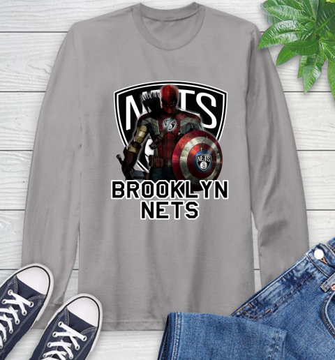 Brooklyn Nets NBA Basketball Captain America Thor Spider Man Hawkeye Avengers Long Sleeve T-Shirt 6