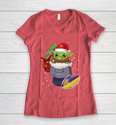 Minnesota Vikings Christmas Baby Yoda Star Wars Funny Happy NFL Women's V-Neck T-Shirt 6