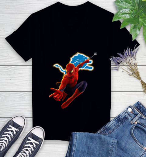 NFL Spider Man Avengers Endgame Football Detroit Lions Women's V-Neck T-Shirt 2