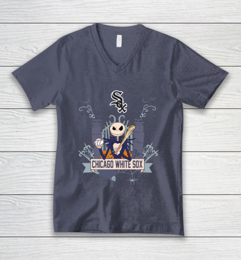 MLB Chicago White Sox Baseball Jack Skellington Halloween V-Neck T-Shirt 7
