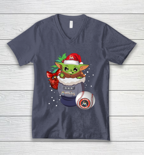 Miami Marlins Christmas Baby Yoda Star Wars Funny Happy MLB V-Neck T-Shirt 8