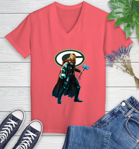 NFL Thor Avengers Endgame Football Green Bay Packers Women's V-Neck T-Shirt 6