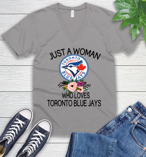 MLB Just A Woman Who Loves Toronto Blue Jays Baseball Sports V-Neck T-Shirt 2