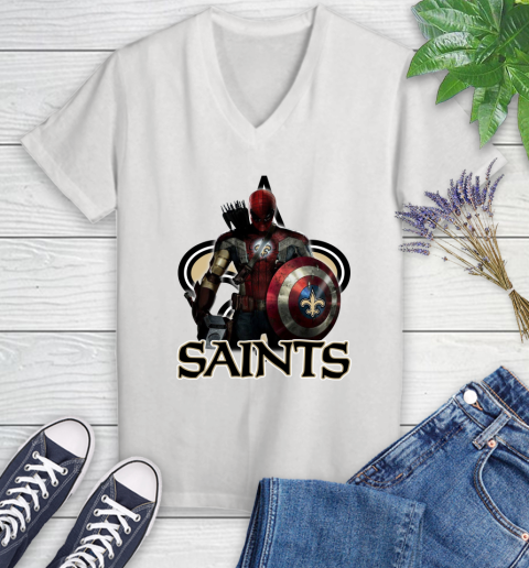 NFL Captain America Thor Spider Man Hawkeye Avengers Endgame Football New Orleans Saints Women's V-Neck T-Shirt