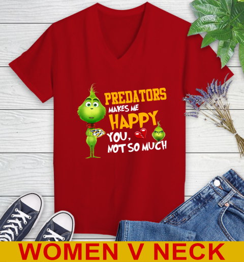NHL Nashville Predators Makes Me Happy You Not So Much Grinch Hockey Sports Women's V-Neck T-Shirt 10