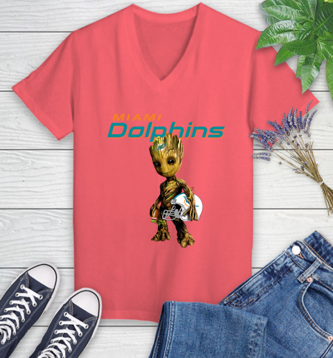 Miami Dolphins NFL Football Groot Marvel Guardians Of The Galaxy Women's V-Neck T-Shirt 6