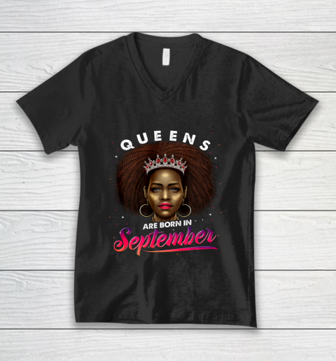 Queens Born September Shirt Black Girl Virgo Libra Birthday V-Neck T-Shirt