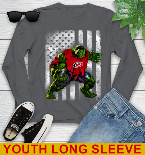 Carolina Hurricanes Hulk Marvel Avengers NHL Hockey American Flag Youth Long Sleeve 9
