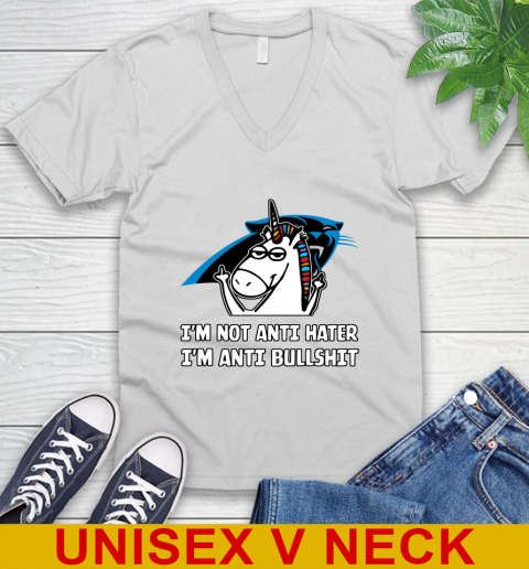 Carolina Panthers NFL Football Unicorn I'm Not Anti Hater I'm Anti Bullshit V-Neck T-Shirt