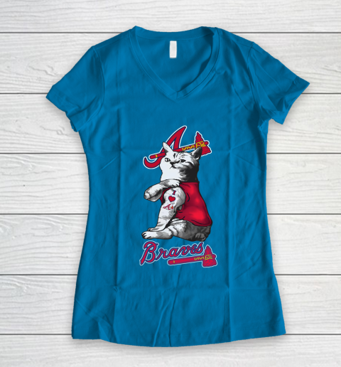 MLB Baseball My Cat Loves Atlanta Braves Women's V-Neck T-Shirt 5