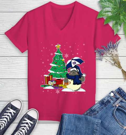 New York Giants NFL Football Cute Tonari No Totoro Christmas Sports Women's V-Neck T-Shirt 9