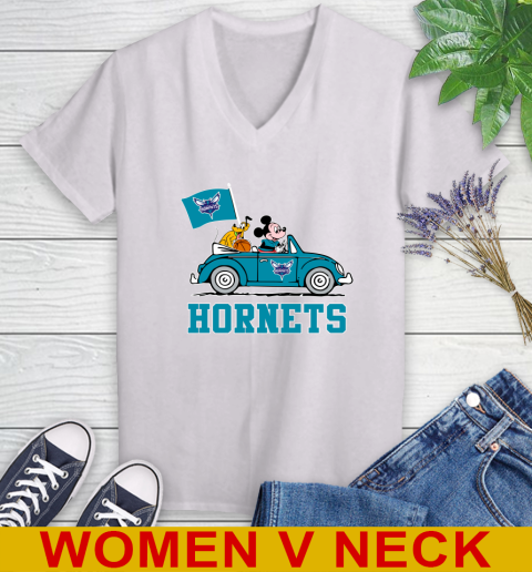 NBA Basketball Charlotte Hornets Pluto Mickey Driving Disney Shirt Women's V-Neck T-Shirt