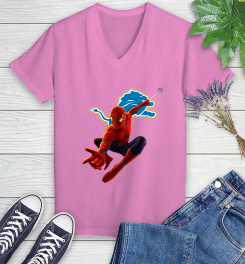 NFL Spider Man Avengers Endgame Football Detroit Lions Women's V-Neck T-Shirt 14