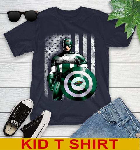 Minnesota Wild NHL Hockey Captain America Marvel Avengers American Flag Shirt Youth T-Shirt - Image 3